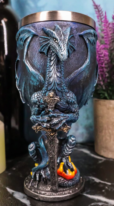 Ebros Celestial Blue Divine Fire Winged Dragon With Excalibur Sword Wine Goblet Chalice Cup 7oz Capacity Figurine Resin With Stainless Steel Liner Medieval Dungeons And Dragons Alchemy Decor
