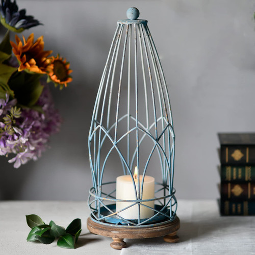 Turquoise Hurricane Candle Holders for Wedding 18" Tall, Rustic Outdoor Lanterns for Front Porch, Moroccan Lanterns for Pillar Candles with Glass, Farmhouse Indoor Decorative Bird Cage Home Decor
