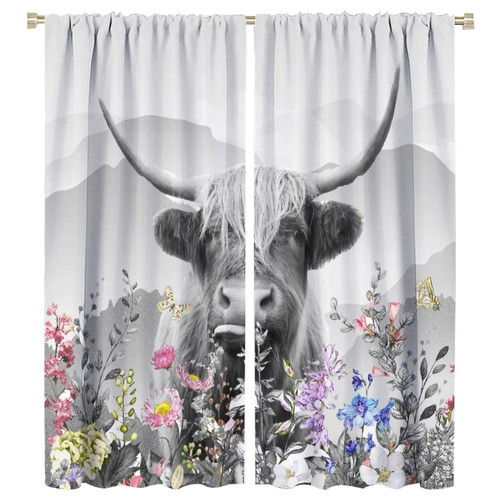 Funny Highland Cow Curtains, Western Wildlife Longhorn Cattle Bull Window Treatment Mountain Farmhouse Boho Vintage Floral Decorative Window Drapes for Cottage Bedroom 42x54in Funny Highland Cow Curtains, Western Wildlife Longhorn Cattle Bull Window Treatment Mountain Farmhouse Boho Vintage Floral Decorative Window Drapes for Cottage Bedroom 42x54in