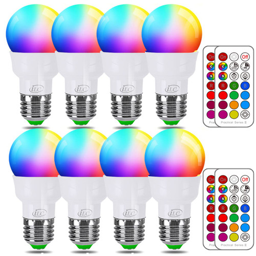 ILC RGB LED Light Bulb, Color Changing Light Bulb, 40W Equivalent, 450LM, 2700K Warm White 5W E26 Screw Base RGBW, Flood Light Bulb- 12 Color Choices - Timing Infrared Remote Control (8 Pack)