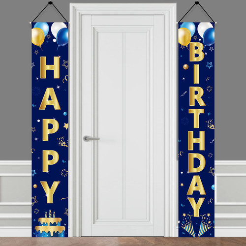 Navy Blue Gold Happy Birthday Door Banner Decorations for Men Women, Happy Birthday Banner Porch Sign Party Supplies, 16th 18th 21st 30th 40th 50th 60th Birthday Decor for Outdoor Indoor