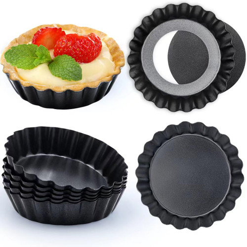 Dwlire 3 In Egg Tart Molds, 8 PCS Mini Tart Pans with Removable Botttom, Nonstick Mini Tart Shells, Quiche Mini Fluted Tart Mold Carbon Steel Tartelet Tins for Baking, Mousse Cakes, Dessert, Black