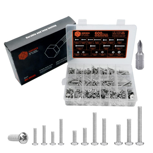 JAVERCO 600Pieces #6-32#8-32#10-24 Phillips Pan Head Screws Bolt Nut Flat Washers 304 Stainless Steel Machine Screws Nuts Washers Assortment Kit, Phillips Pan Head Machine Screws Set (Silver)