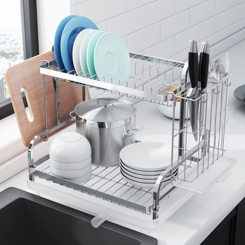 Kitsure Dish Drying Rack, Multifunctional Dish Rack, Rustproof Kitchen Dish Drying Rack with Drainboard, Space-Saving 2-Tier Dish Drying Rack with a Large Capacity for Kitchen Counter, Silver2