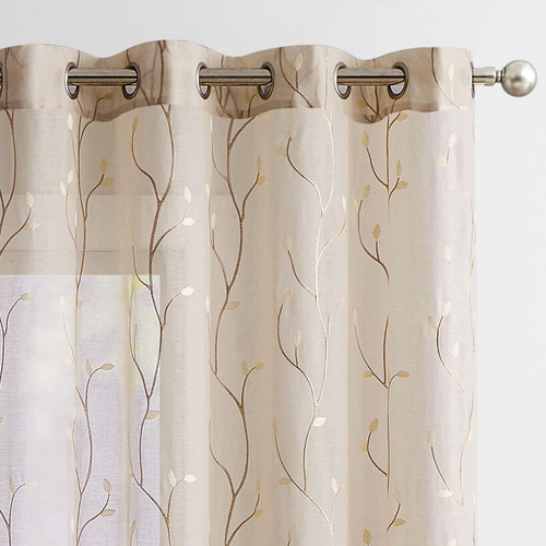 jinchan Beige Sheer Curtains for Bedroom 84 Inch Length Floral Embroidered Sheers for Living Room Embroidery Voile Grommet Window Curtain 2 Panels