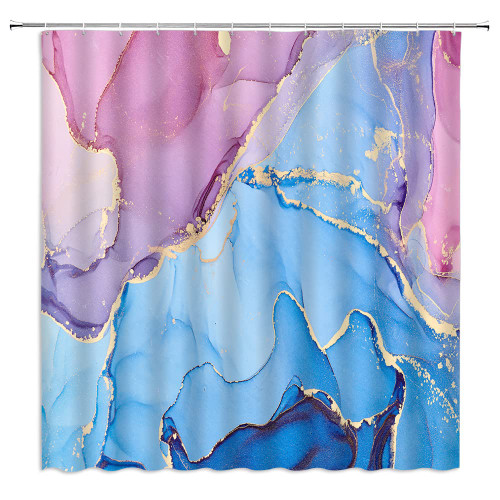 HHKJKJ Blue Pink Marble Shower Curtain Colourful Abstract Marble Teal Lavender Watercolor Ombre Ink Painting Art Modern Texture Golden Unique Fabric Home Bathroom Decor with Hooks(70" WX70 H)