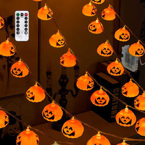 GameXcel Halloween Pumpkin Lanterns String Lights, 16.4FT 30 LEDs Jack O Lantern Lights with Remote Control & Timer 8 Lighting Modes Battery-Powered for Halloween Decorations Indoor Outdoor Decor