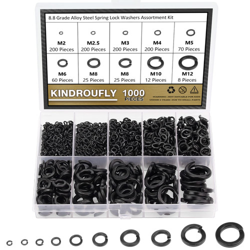 1000 Pieces 8.8 Grade Alloy Steel Lock Washers, Split Lock Washers, Kindroufly 9 Sizes Spring Lock Washers, Lock Metal Washers Assortment Kit (M2 M2.5 M3 M4 M5 M6 M8 M10 M12)