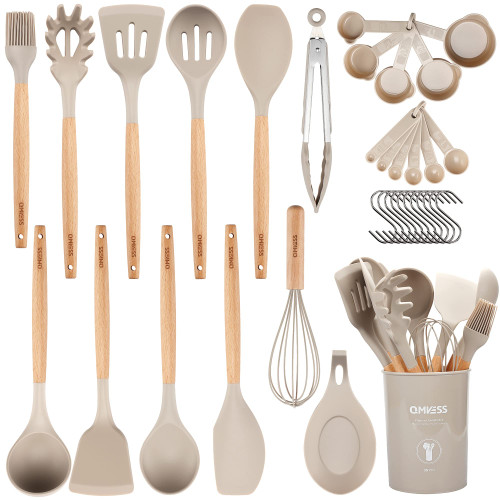 Kitchen Utensils Set QMVESS 35 Pcs Non-Stick Silicone Cooking Utensils Set with Holder Sturdy Insulation Wooden Handle Heat Resistance Silicone Spatula Spoon Kitchen Gadgets Utensils Set (Khaki)