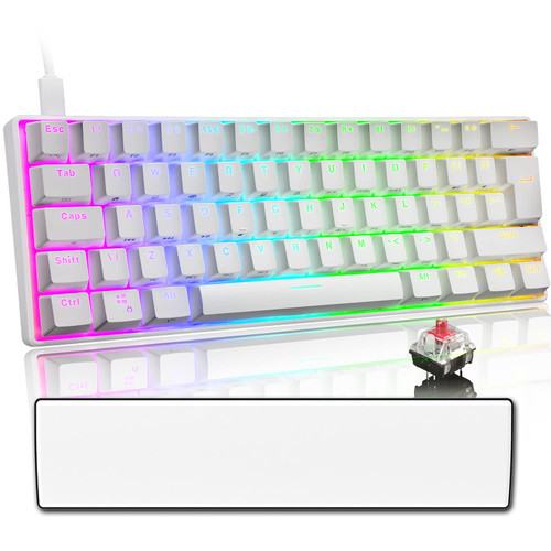 60% Mechanical Gaming Keyboard and Wrist Rest with Rainbow RGB Backlit Full Anti-Ghosting 61 Key Ergonomic Metal Plate Wired Type-C USB Waterproof for Typist Laptop PC Mac Gamer(White Set/Red Switch)