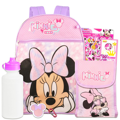 Disney Minnie Mouse Backpack with Lunch Box Set - Bundle with 15" Minnie Backpack, Minnie Mouse Lunch Bag, Stickers, Water Bottle, More | Minnie Mouse Backpack for School