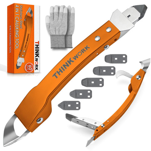 THINKWORK Stainless Steel Caulking Tools, 4 in 1 Sealant Finishing Tool, Grout Removal Tool, Silicone Caulking Tool Caulk Remover for Kitchen Bathroom Window Sink Tile Joint, Orange