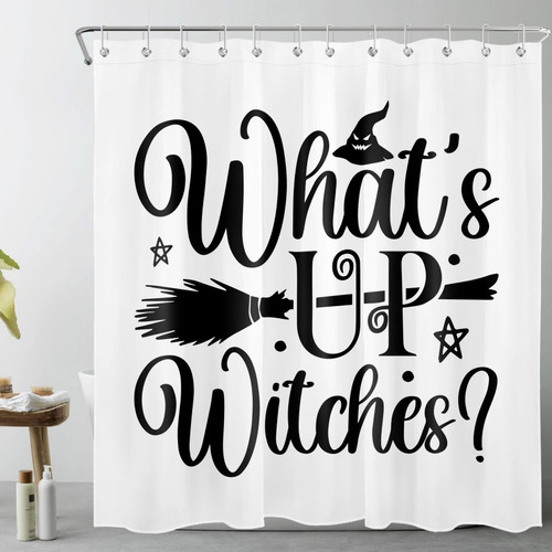 LB Halloween Witch Shower Curtain Decor, Funny Quote What's up Witches Broom and Magic Hat Shower Curtain for Bathroom 72X78 inch Polyester Fabric Bathroom Decoration Bath Curtains Hooks Included LB Halloween Witch Shower Curtain Decor, Funny Quote What's up Witches Broom and Magic Hat Shower Curtain for Bathroom 72X78 inch Polyester Fabric Bathroom Decoration Bath Curtains Hooks Included