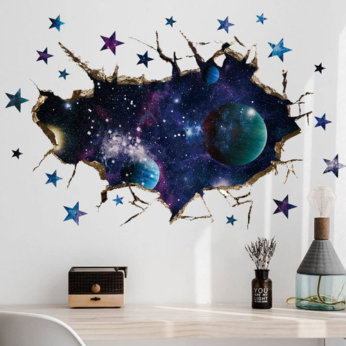 ASMPIO 3D Space Galaxy Wall Decor Stickers, Removable Broken Outer Space Planet Waterproof Vinyl Floor Decals, 3D Art Magic Wall Mural Decals for Kids Bedroom Living Room Nursery Home Wall Decor