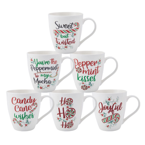 Pfaltzgraff Winterberry Holiday Whimsical Coffee Mugs, 6 Count (Pack of 1), Multicolor