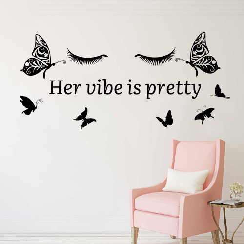 Her Vibe is Pretty Wall Decals Vinyl Inspirational Wall Decal Quotes Butterfly Eyelash Stickers Motivational Sayings Black Positive Lettering Wall Decals for Woman Girls Bedroom Living Room Bathroom