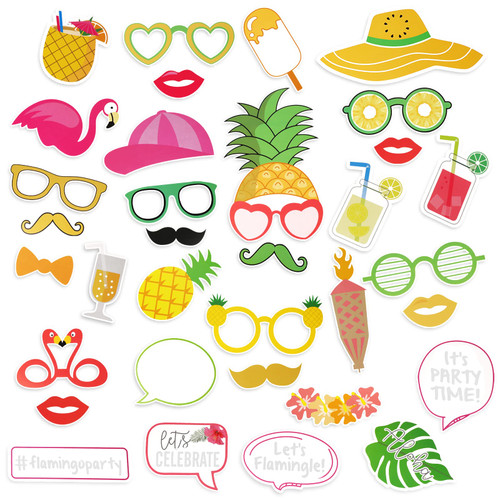 PHOGARY 34PCS Luau Photo Booth Props, Summer Hawaiian Photo Booth Props Kit Aloha Photo Props for Hawaiian Tropical Luau Summer Pool Beach Birthday Party Decorations
