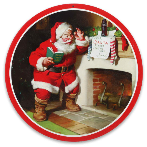 Coca-Cola Santa Claus Round Metal Sign - Vintage Coca-Cola Christmas Sign for Home Decorating