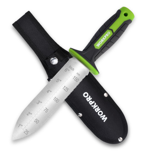 WORKPRO Hori Hori Garden Knife, 7" Stainless Steel Blade with Cutting Edge, Garden Tools with Oxford Sheath, Ergonomic TRP Handle with Hanging Hole for Weeding, Planting, Digging, Green