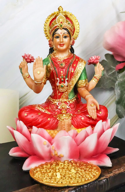 Ebros Seated Beautiful Hindu Goddess Lakshmi Meditating On Lotus Throne Statue 6.25" Tall Wife and Shakti of Vishnu Patroness of The Home Wealth Fortune and Prosperity Figurine
