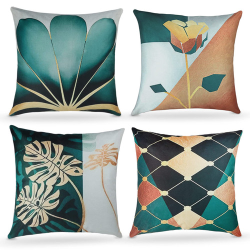 Set of 4 Throw Pillow Covers 18x18, Dense Linen Tropical Green Leaves Throw Pillow Covers, Botanical Farmhouse Outdoor Square Couch Pillow Cases for Sofa Bed Home Decor