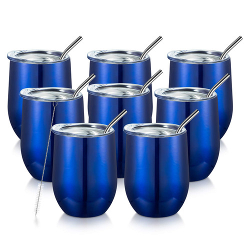 COMOOO Stainless Steel Wine Tumbler Glasses Bulk with Lid and Straw 12oz Double Wall Vacuum Insulated Tumbler Cup Stemless for Hot and Cold Drinks, Coffee, Wine, Cocktails (Royal blue, 8 Pack)