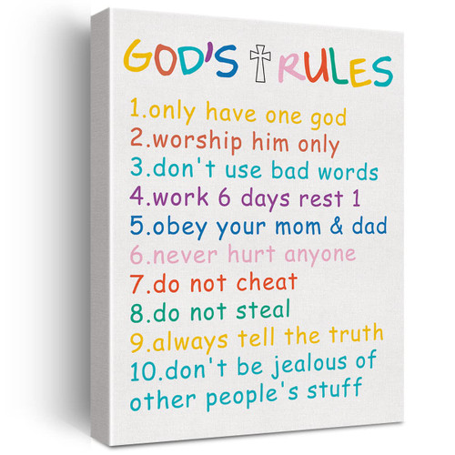 Ten Commandments Religious Scripture Print Canvas Kids Wall Art Christian Office Home Nursery Decor 10 Commandments Bible Verse Poster Picture Artwork 11.5"x15" (Wooden Framed)