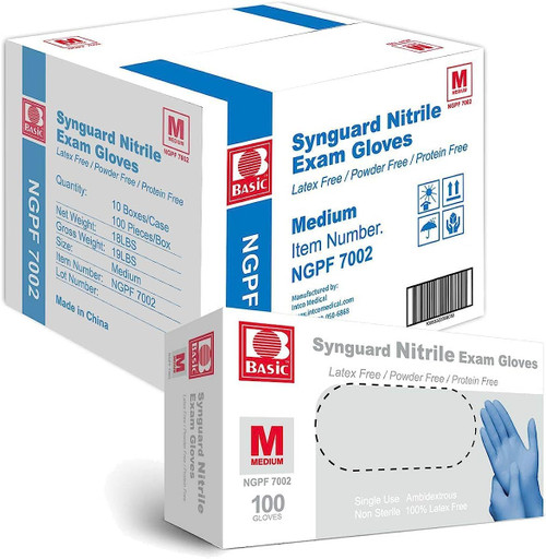 Basic Medical Blue Nitrile Exam Gloves - Latex-Free & Powder-Free - NGPF-7002 (Case of 1,000), Medium