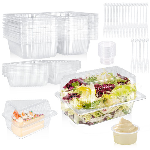 100 Pcs Clear Plastic Hinged Take Out Containers Kit, Disposable Clamshell Food Cake Containers with Lids, Triangle Clamshell Take Out Tray for Dessert, Cakes, Cookies, Salads, Pasta, Sandwiches
