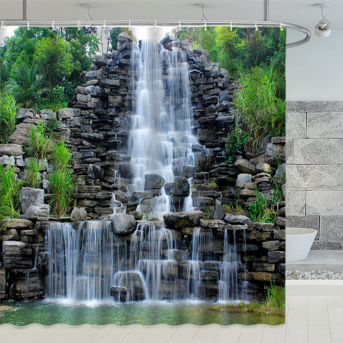 NYJSMYG Waterfall Shower Curtain Natural Scenery Stone Green Plants Landscape Bathroom Decoration Polyester Fabric Curtains Set 70 x 70 Inches with Hooks