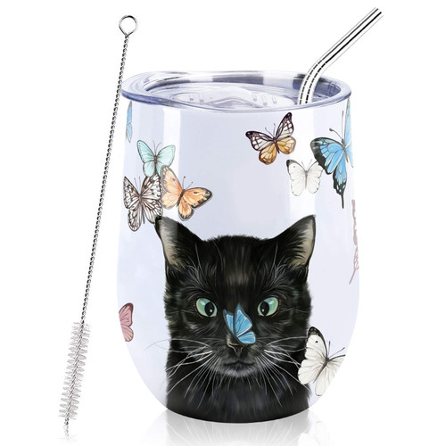 NymphFable 12oz Cat Cup Wine Tumbler With Straw And Lid Insulated Stemless Wine Glass Stainless Steel Double Wall