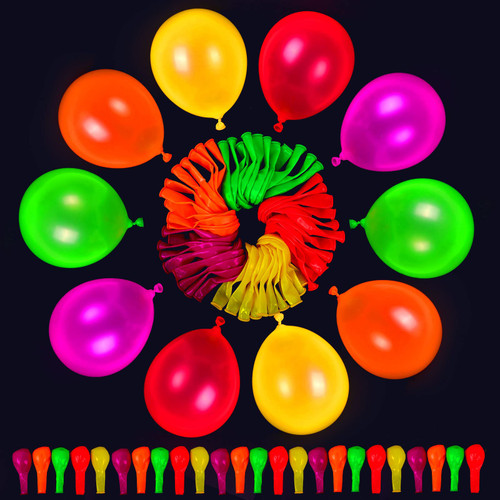 RUBFAC 12inch UV Neon Balloons Glow in the Dark Blacklight Reactive Glow Party Balloons 5 Colors Fluorescent Latex Neon Glow Balloons Luminous for Birthday, Wedding Neon Party Decorations (60pcs)