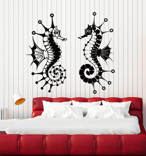 Vinyl Wall Decal Couple Sea Horse Ocean Marine Animals Stickers Mural Large Decor (g5049) Black