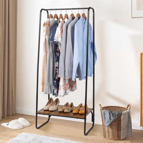 Clothing Rack with Wood Shelf,Heavy Duty Freestanding Garment Rack, Wardrobe Closet Organizer, Black