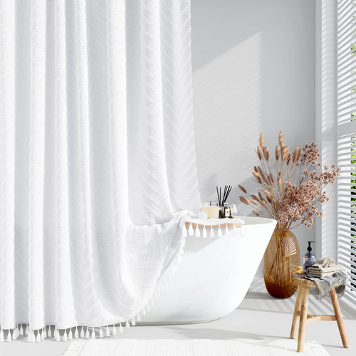 Dynamene Extra Long Shower Curtains, 96 Inches Long Boho Tufted Chevron Striped Fabric Shower Curtains for Bathroom, Tall Minimalist Waterproof Cloth Shower Curtain Set with 12 Hook, White, 72x96 Dynamene Extra Long Shower Curtains, 96 Inches Long Boho Tufted Chevron Striped Fabric Shower Curtains for Bathroom, Tall Minimalist Waterproof Cloth Shower Curtain Set with 12 Hook, White, 72x96