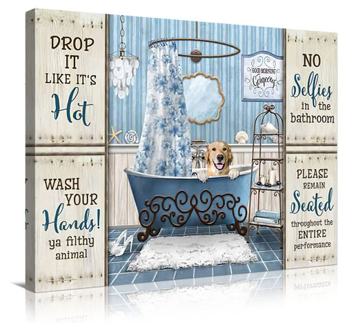 Funny Dog Bathroom Decor Wall Art Dog In Bathtube Canvas Bathtub Wall Decor Animal Wall Art Contemporary Painting Bathtub Wall Decor Modern Artworks Home Decor For Bathroom Living Room Bedroom 16"x12"