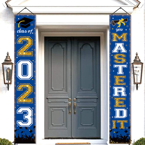 2023 Graduation Porch Sign, Class Of 2023 Decorations, Blue Gold Graduation Party Decorations with Class Of 2023 Banner, Mastered It Banner for Masters Degree Decorations Graduation Door Banner 2023