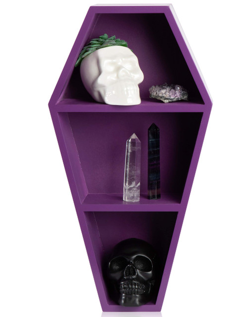 MANNY'S MYSTERIOUS ODDITIES Coffin Shelf - Spooky Gothic Decor for The Home - Purple Hanging Wooden Shelf for Wall or Table Top - 14 Inches Tall by 7 Inches Wide