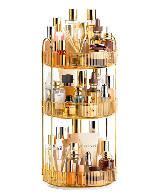 Devokimi Bathroom Organizer Countertop, Rotating Makeup Organizer for Vanity, 3 Tier Under Sink Organizer, Vanity Tray Shelf for Cosmetic, Skin Care, Perfume (Champagne Gold)