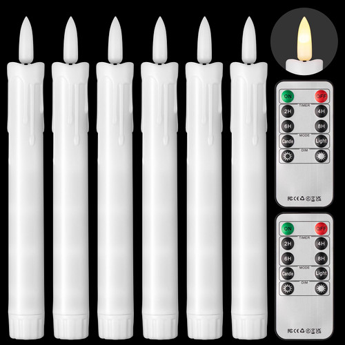 6 PCS Real Wax LED Flameless Taper Candles with Remote Timer, 7 Inches Ivory Flameless Candlesticks, Dripless Battery Operated Window Candles with 3D Flickering Flame for Fireplace Xmas Halloween