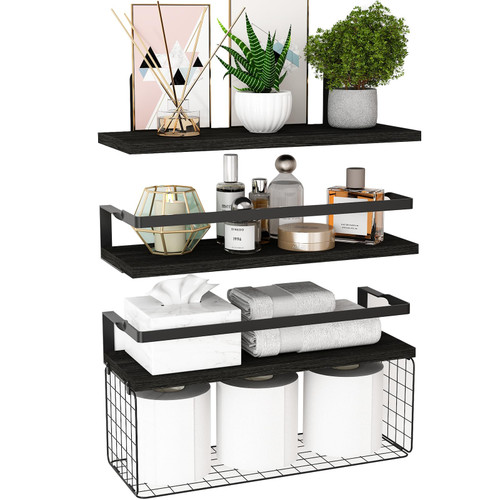REALINN Floating Shelves with Storage Basket, Wall Mounted Bathroom Shelves Over Toilet Paper Holder Storage, Farmhouse Floating Shelf for Wall Decor, Bedroom, Living Room, Study, Kitchen -Black REALINN Floating Shelves with Storage Basket, Wall Mounted Bathroom Shelves Over Toilet Paper Holder Storage, Farmhouse Floating Shelf for Wall Decor, Bedroom, Living Room, Study, Kitchen -Black