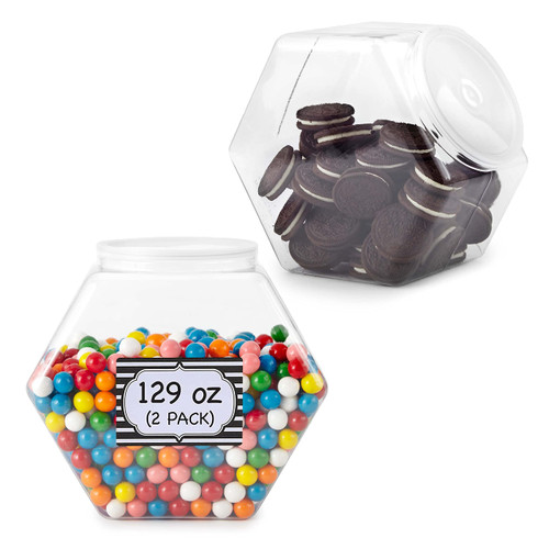 129 Oz Hexagon Cookie Jars with Lids ( 2 Pack)- Wide Mouth Plastic Jars with Lid Reusable & Recyclable - Shatterproof Jars - Clear Plastic Jars for Cookies, Candy, Laundry Detergent Pods - Stock Your Home