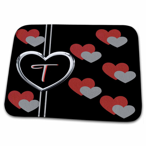 3dRose Modern Geometric Black Red Grey Hearts Pattern Monogram... - Dish Drying Mats (ddm-215211-1)