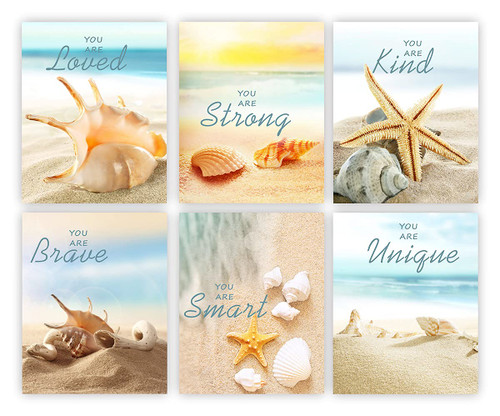 Coastal Prints Wall Art Beach Wall Art Print Set of 6 (8"X10"Beach Seashell Starfish Nature Picture Beach Wall Decor Perfect for Bathroom, Bedroom or Beach House Kitchen (UNFRAMED)