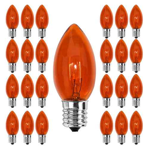 25 Pack C9 Clear Orange Incandescent Light Bulbs, C9 Replacement Light Bulbs for Halloween Outdoor String Light, Patio Lights, C9/E17 Candelabra Base, 7 Watt