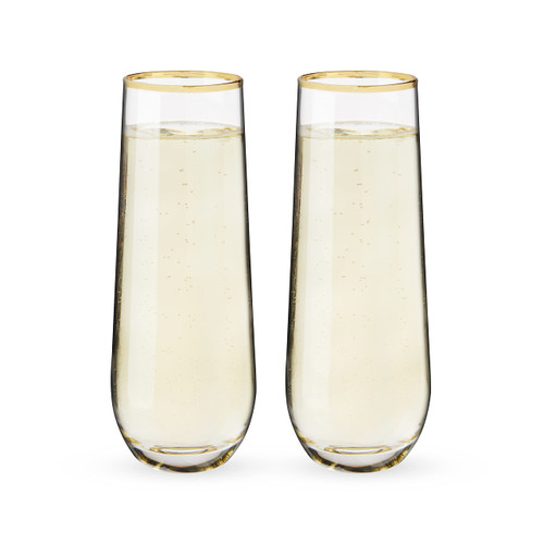 Twine Gilded Champagne Flutes, Gold Rimmed Clear Set, Stemless Wine Glasses, Set of 2, 10 Ounces, 2 Count (Pack of 1)