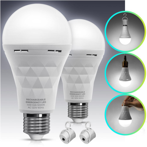 Rechargeable Emergency LED Bulb, LOHAS A21 Multi-Function Battery Backup Emergency Light Bulb for Power Outage Camping Outdoor Activity Hurricane, Daylight White 5000K, 10W, 850LM, 2 Pack
