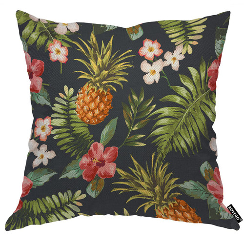 AOYEGO Tropical Flowers with Pineapple Throw Pillow Cover Summer Palm Leaf Jungle Plant Foliage Pillow Case 18x18 Inch Square Cushion Cotton Linen Decorative for Couch Bed Home