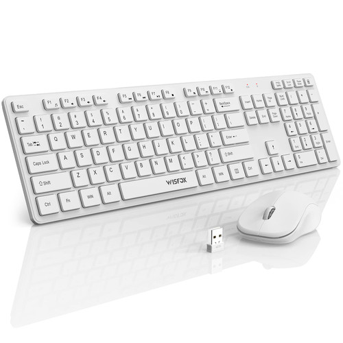 Wireless Keyboard and Mouse, WisFox 2.4GHz Full-Size Silent Keyboard with Numeric Keypad, Long Battery Life, Lag-Free, Slim USB Cordless Mouse Keyboard Combo for PC Laptop Computer Windows (White)