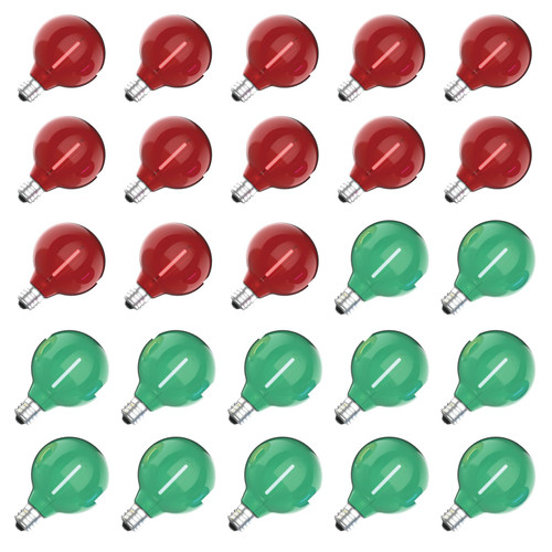 Meconard G40 Colored LED String Light Bulbs, Shatterproof LED 1 Watt Globe Replacement Bulbs, E12/C7 Candelabra Base,Red Light Bulb Green Light Bulb, 25 Pack